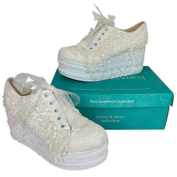 Forever & Always White Lace Platform Sneakers Bridal Bride Wedding Bachelorette - Picture 1 of 14